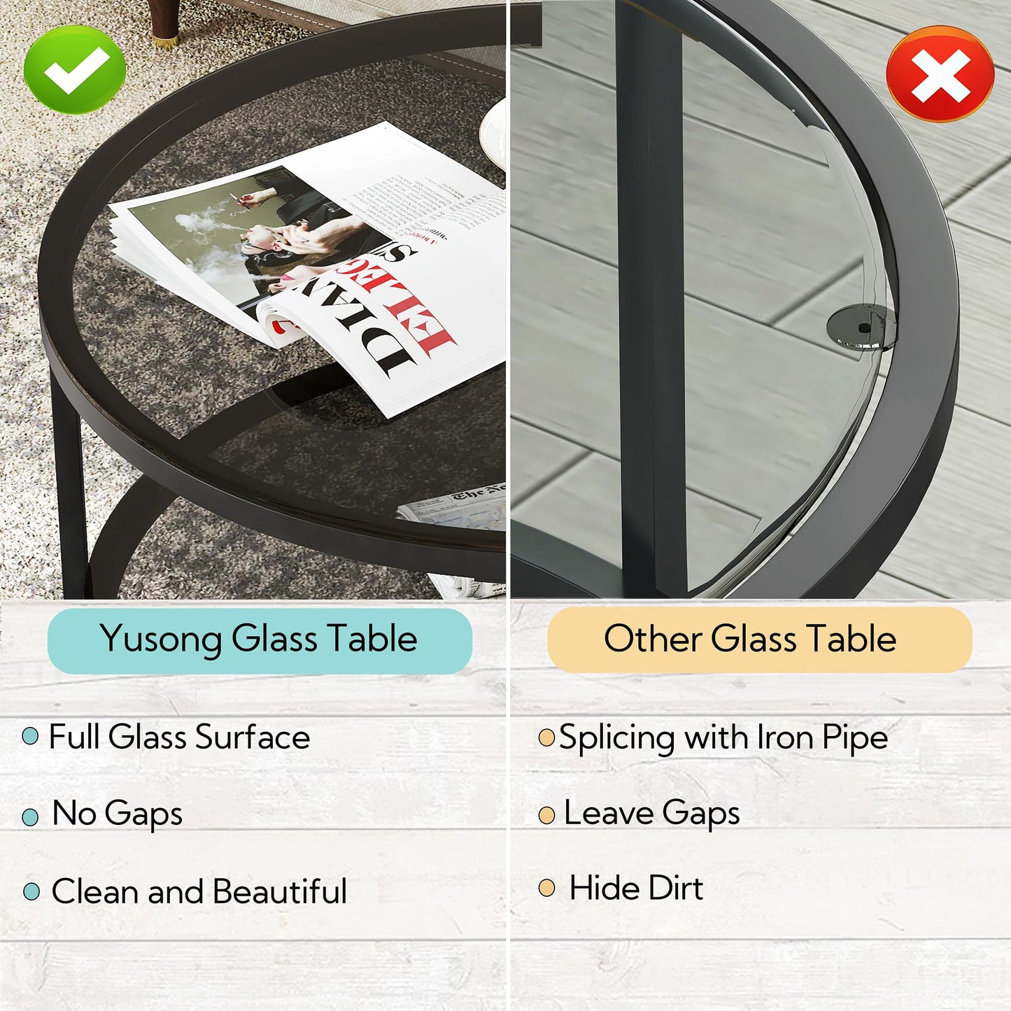 Yusong Round Glass Coffee Tables for Living Room, 2-Tier Circle Coffee Table with Storage, 66 CM Modern Center Accent Table with Light Black Glass