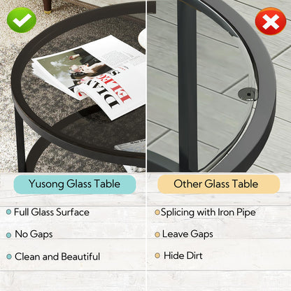 Yusong Round Glass Coffee Tables for Living Room, 2-Tier Circle Coffee Table with Storage, 66 CM Modern Center Accent Table with Light Black Glass
