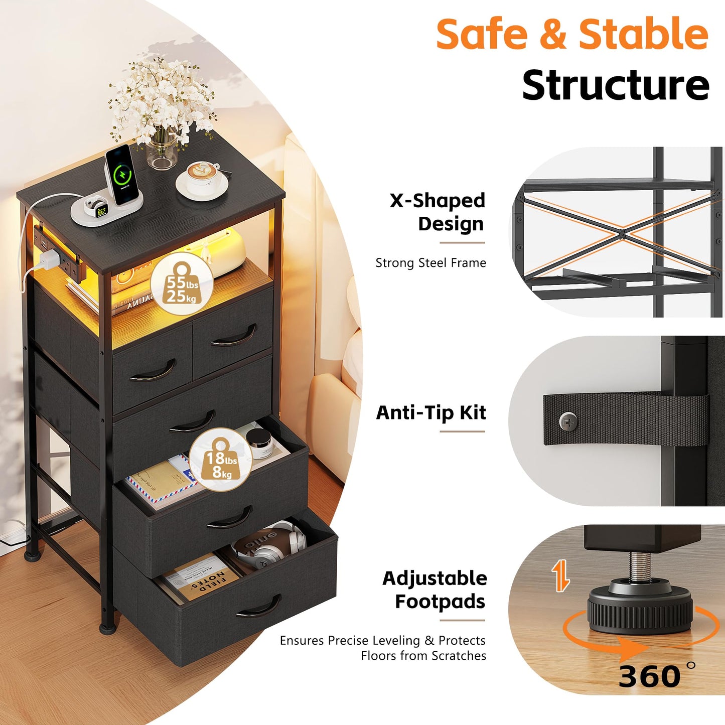 Flrrtenv Chest of Drawers, Bedside Table Cabinet with LED Light and Charging Station, Nightstand with 5 Fabric Drawers