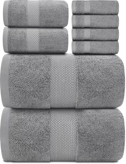 White Classic Luxury Bath Towels Set of 2 Bath Towels, 2 Hand Towels, 4 Face Towels, Light Grey 8 Pc Egyptian Cotton Towel Set, Hotel Towels Quality