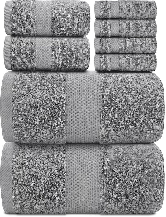 White Classic Luxury Bath Towels Set of 2 Bath Towels, 2 Hand Towels, 4 Face Towels, Light Grey 8 Pc Egyptian Cotton Towel Set, Hotel Towels Quality