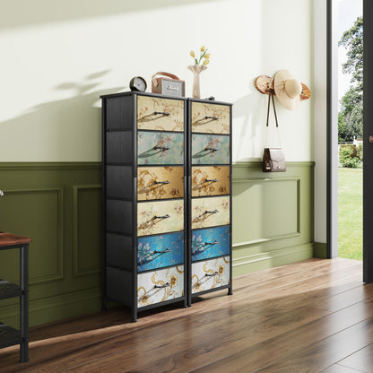 CAIYUN Chest of Drawers Bedroom with 6 Drawers, Tall Fabric Dressers with Flower Printing, Dresser for Entryway Hallway Living Room, Closet Storage