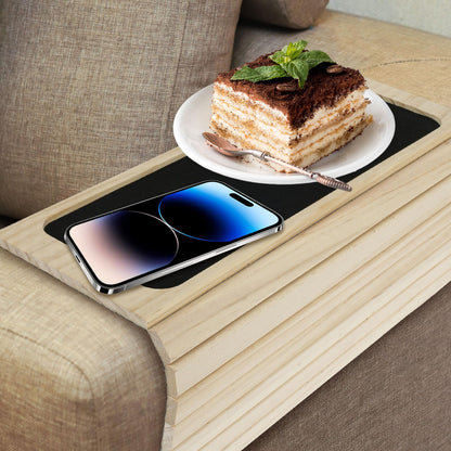 Foldable Sofa Arm Tray - Natural Pine Wood Couch Armrest Table with Non-Slip Fabric Backing Flexible Sofa Armrest Organiser Tray for Drinks, Snacks
