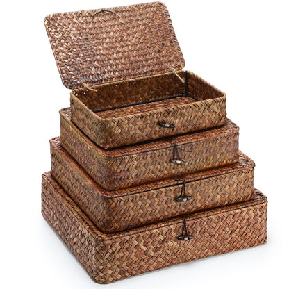 Didaey Set of 4 Seagrass Basket with Lid Wicker Storage Basket Decorative Storage Boxes with Lids Flat Storage Bins Woven Organizer Baskets for Shelf