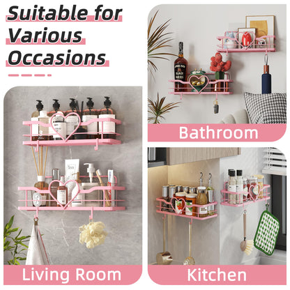 Pink Shower Caddy 2 Pack –No Drill Wall Mounted Suction Shelf for Bathroom