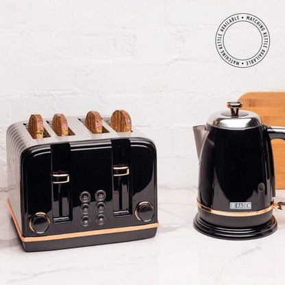 Haden Salcombe Black 4 Slice Toaster - Dual Browning Control, Retro Design, Wide Slot Toaster - Stainless Steel Housing - Self Centring Function -