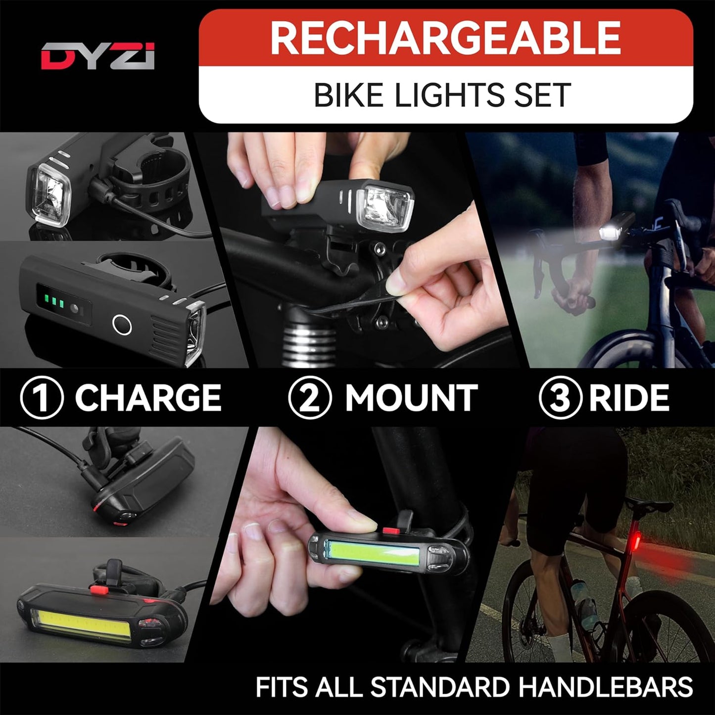 Dyzi Bike Lights - USB Rechargeable Ultra Bright Front & Back Bike Light Sets - 4 Light Modes With Daylight Sensor - Easy to Fit and Mount LED Bicycle Lights