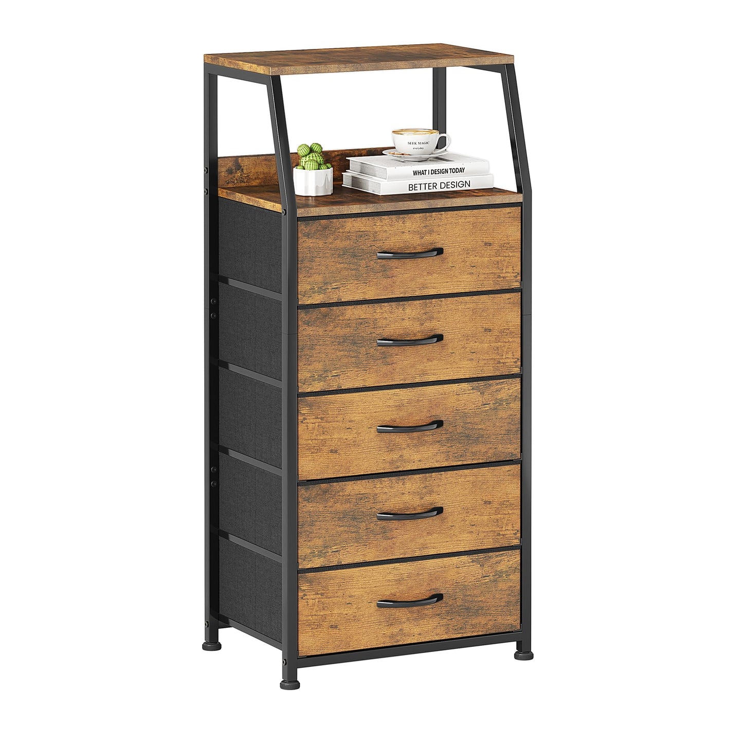 CAIYUN Chest of Drawers Bedroom with 5 Drawers, Tall Fabric Dresser with Shelf, Fabric Dresser for Entryway Hallway Living Room, Closet Storage