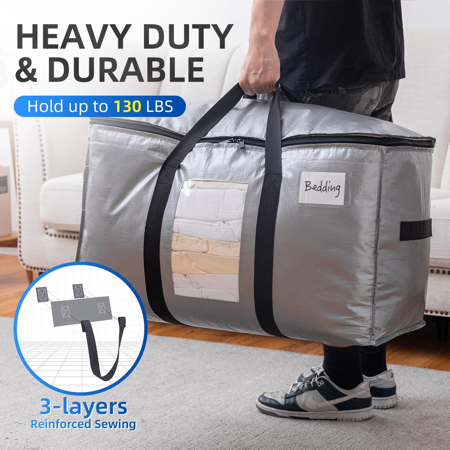 TAILI Moving Bags Heavy Duty with Zips Extra Large 6 Pack,Clear Window & Reinforced Handles,Silver Storage bags for Clothes, Beddings,Travel,Moving