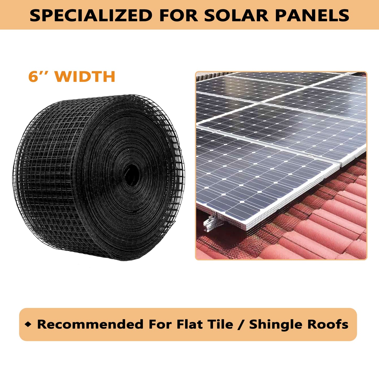 PROLEE 6 Inch X 100FT Solar Panel Bird/Critter Guard Anti-Rust with 100 Fastener Clips Rooftop Solar Panel Bird Wire Screen, Removable Without Damage