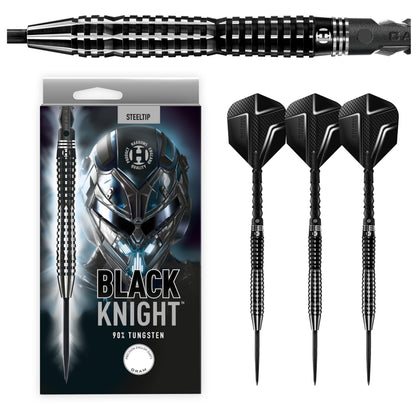 Harrows Black Knight 90% Tungsten Steel Tip Darts Set, 21g - 26g - Includes Black Carbon ST Midi Shafts & Micron Black Knight Flights (22g)