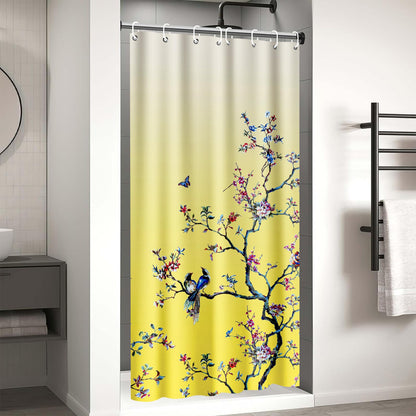 LIVETTY Yellow Bird Floral Shower Curtain 90cm × 180cm Mould Proof Butterfly Fabric Bathroom curtain For Women & Men With 12 Hooks Washable