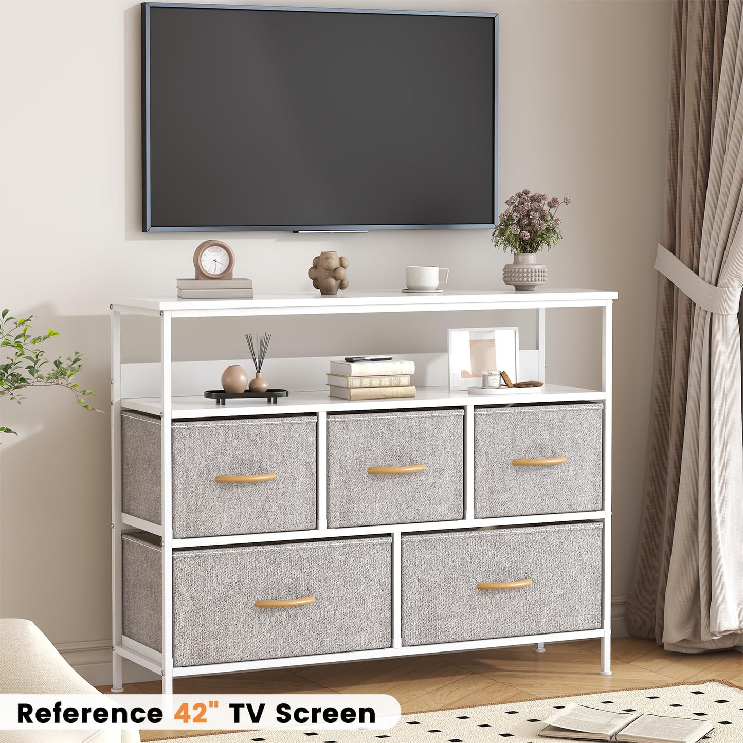 KU Syang 5-Drawer Chest of Drawers with TV Stand | Heavy-Duty Steel Frame & Scratch-Resistant MDF Top