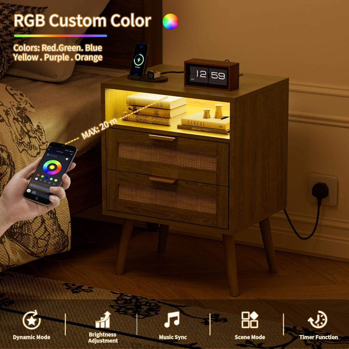 BonVache Bedside Tables Set of 2, Adjustable Lighting, Nightstand with LED Lights and Charging Station, Open Compartment and 2 Rattan Drawers
