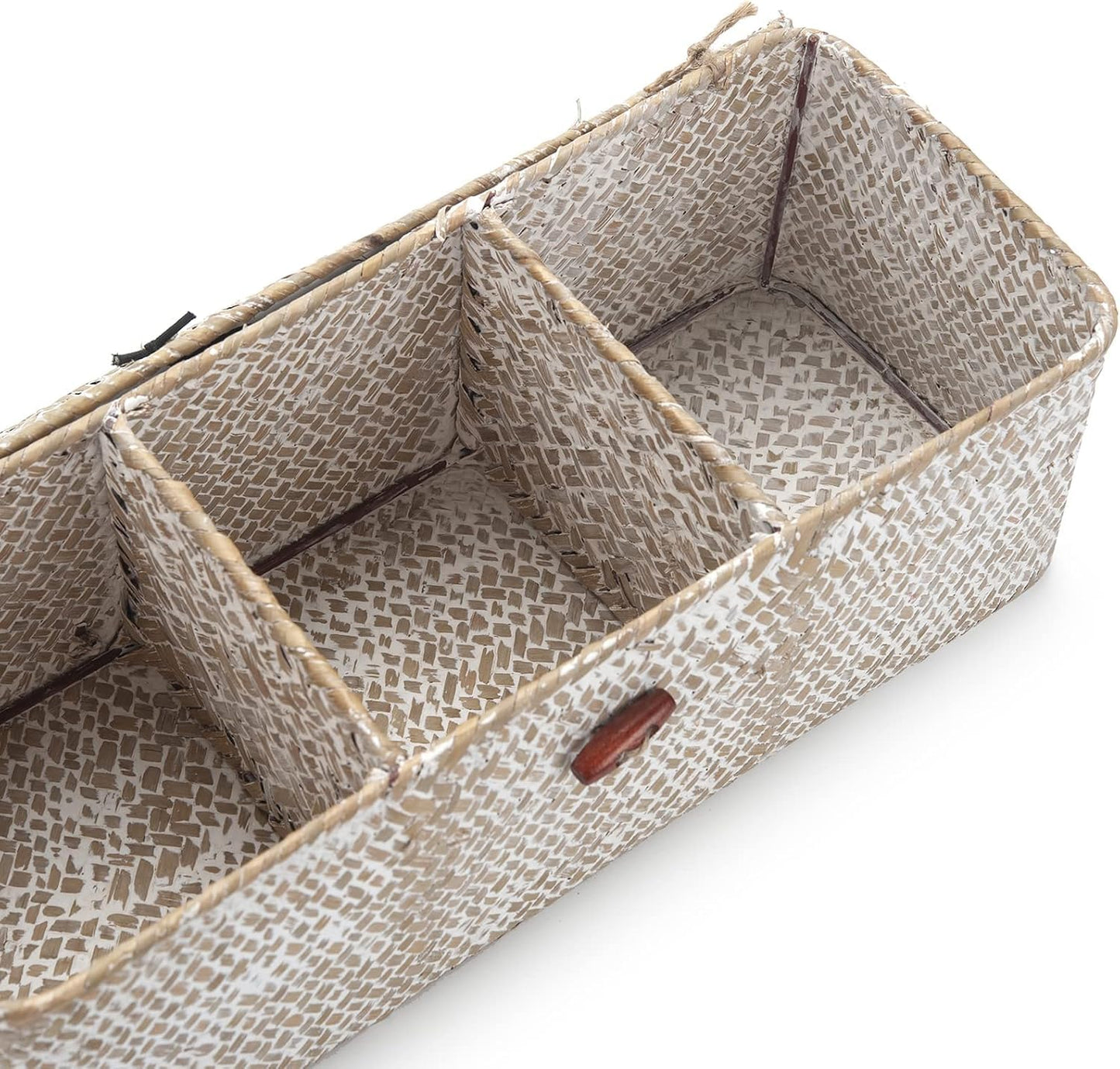 Seagrass Bathroom Storage Basket with Lid, Wicker Toilet Tank Basket, Woven Storage Box with 3 Compartments for Organizer (White, 13 x 13 x 11 cm)