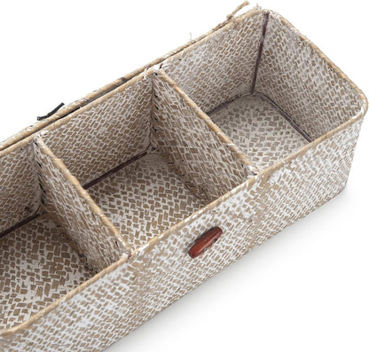 Seagrass Bathroom Storage Basket with Lid, Wicker Toilet Tank Basket, Woven Storage Box with 3 Compartments for Organizer (White, 13 x 13 x 11 cm)