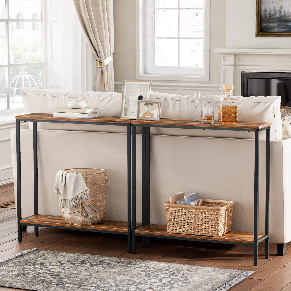 HOOBRO Slim Console Table with Shelf, 2 Tier Narrow Sofe Table for Hallway, Slim Hallway Table with Storage, Industrial, for Bedroom, Kitchen