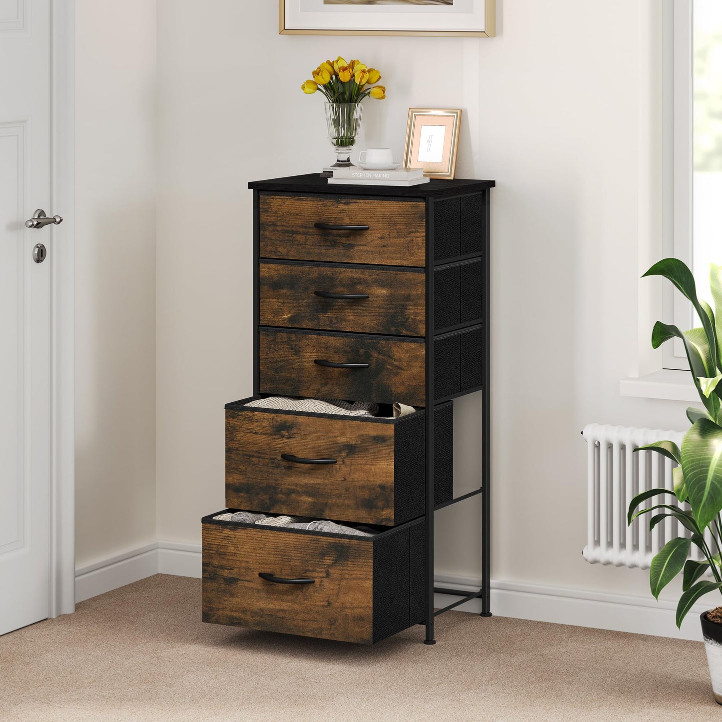 YITAHOME Chest of Drawer with 5 Drawers for Bedroom Fabric Dresser Storage Drawers With Handles Metal Frame for Living Room, Hallway,Rustic Brown