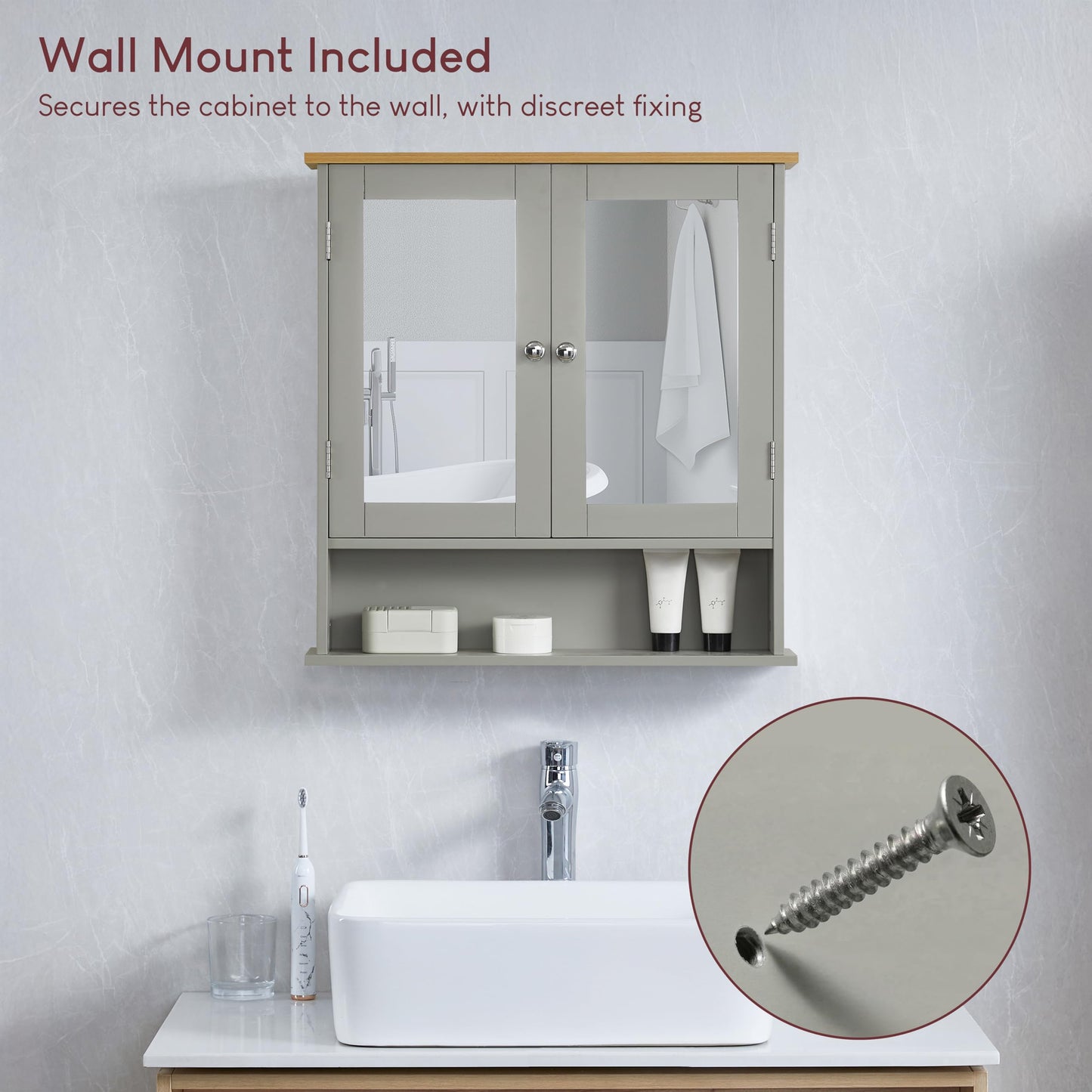 Bath Vida Priano 2 Door Mirrored Wall Cabinet with Shelf | Grey & Oak | 58 H x 56 W x 13 D cm | Easy Assembly | Space-Saving | Round Handles