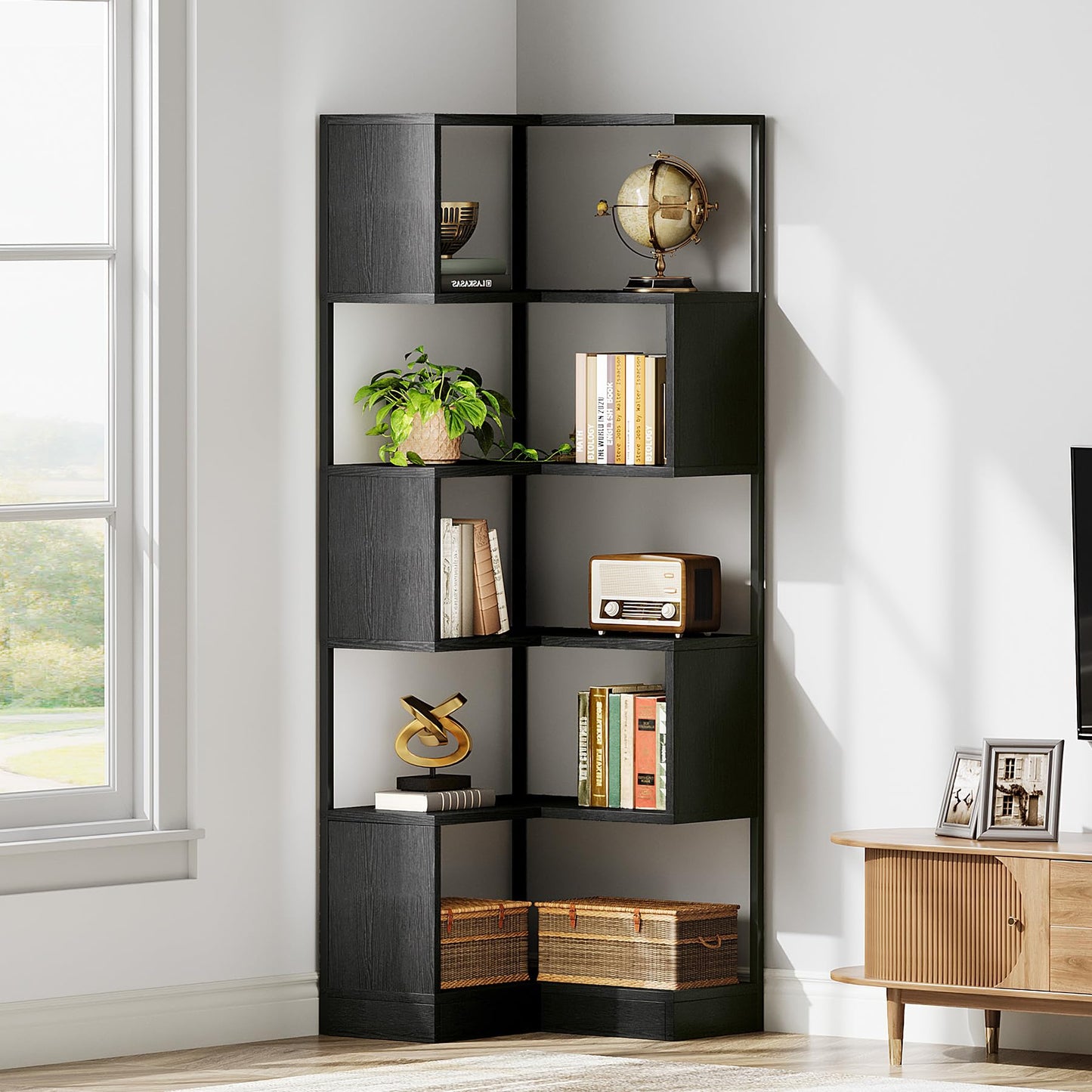 Tribesigns Corner Bookshelf Unit 180 cm, 6-Tier Floor Standing Bookcase, Tall Corner Shelf Storage Display Rack with Metal Frame for Living Room Home
