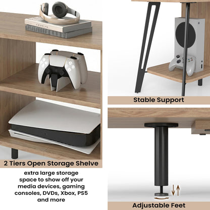 Manora Curved Metal Frame TV Stand with 2-Tier Middle Storage Compartment (Bright brown)