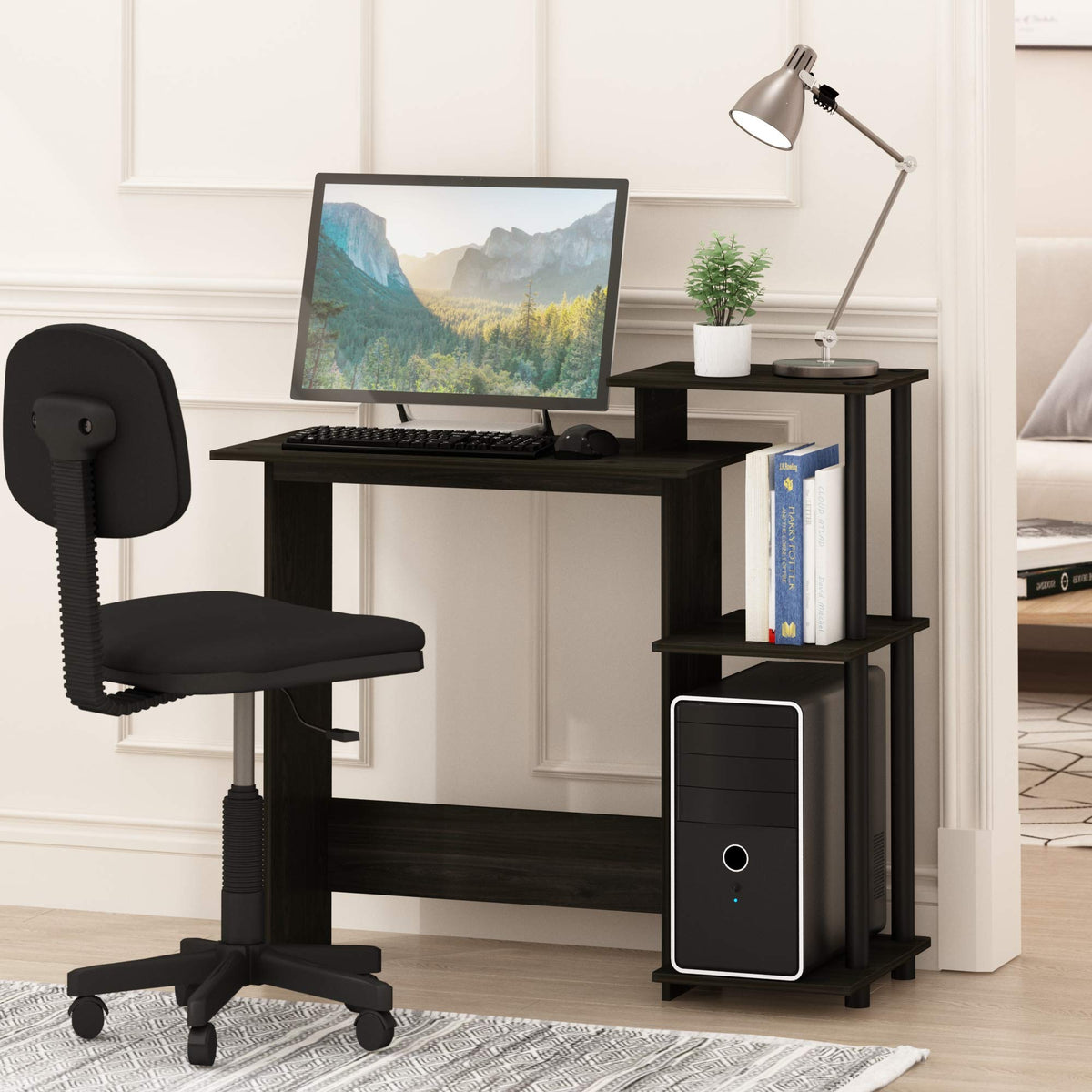 Furinno EFFICIENT Desk, Gaming Desk, with 3 Open Side Shelves, Laptop Notebook Computer Desk,Office Desk for Home Office, Study Room, Dorm, Espresso