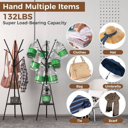 HOME BI Coat Rack Stand, Entryway Standing Coat Tree,Hat Stand Coat Hanger with 9 Hooks for Holding Jacket, Handbag, Clothes, Hats, and Scarves, Black