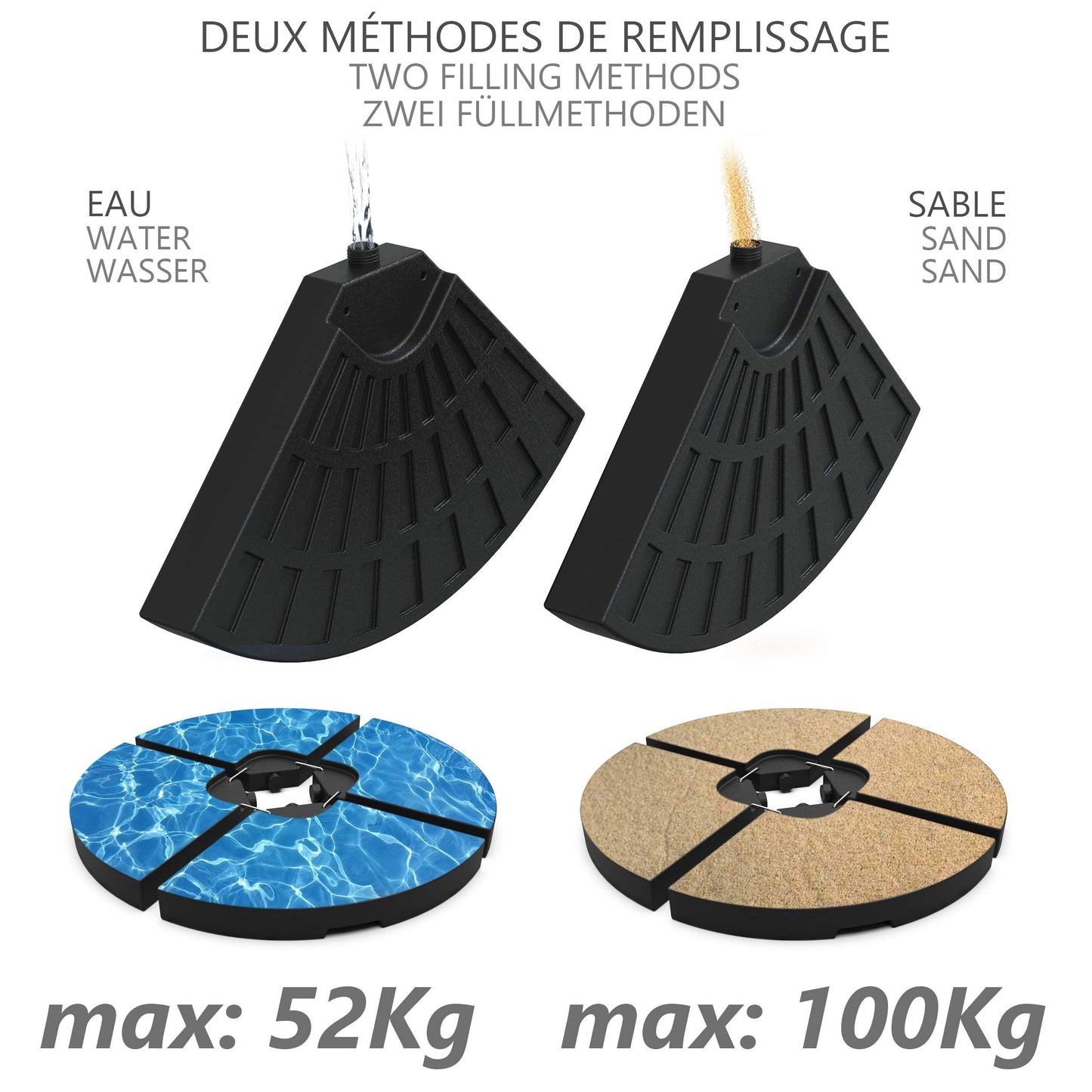 VOUNOT? Parasol Base Weights, Set of 4 Umbrella Base Stand for Cantilever and Banana Parasol, Sand or Water Filled, 52 L / 100 kg,Round