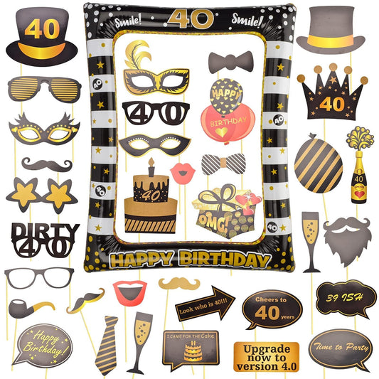 AIBAOBAO 35Pcs 40th Birthday Decorations Men Women, Black Gold Inflatable Selfie Frame & Photo Booth Props, Giant Inflatable Party Photo Booth Frame