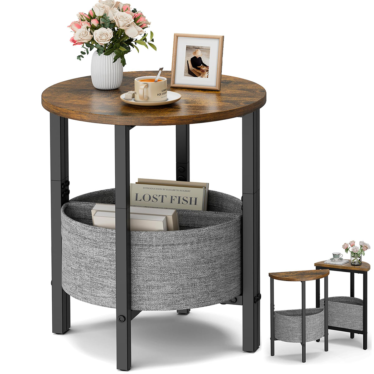Vagusicc Side Table, Round End Table with Fabric Basket, Small Coffee Table, Set of 2 Half Moon Entry Table, Accent Table Bedside Table