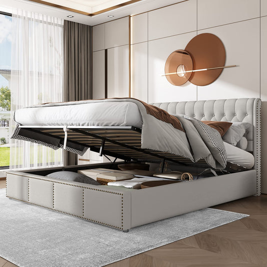 Merax Upholstered Bed Frame with Hydraulic Lift, 4FT6 Double Bed Frame with Storage, Functional Ottoman Bed, Sturdy Construction, Without Mattress,