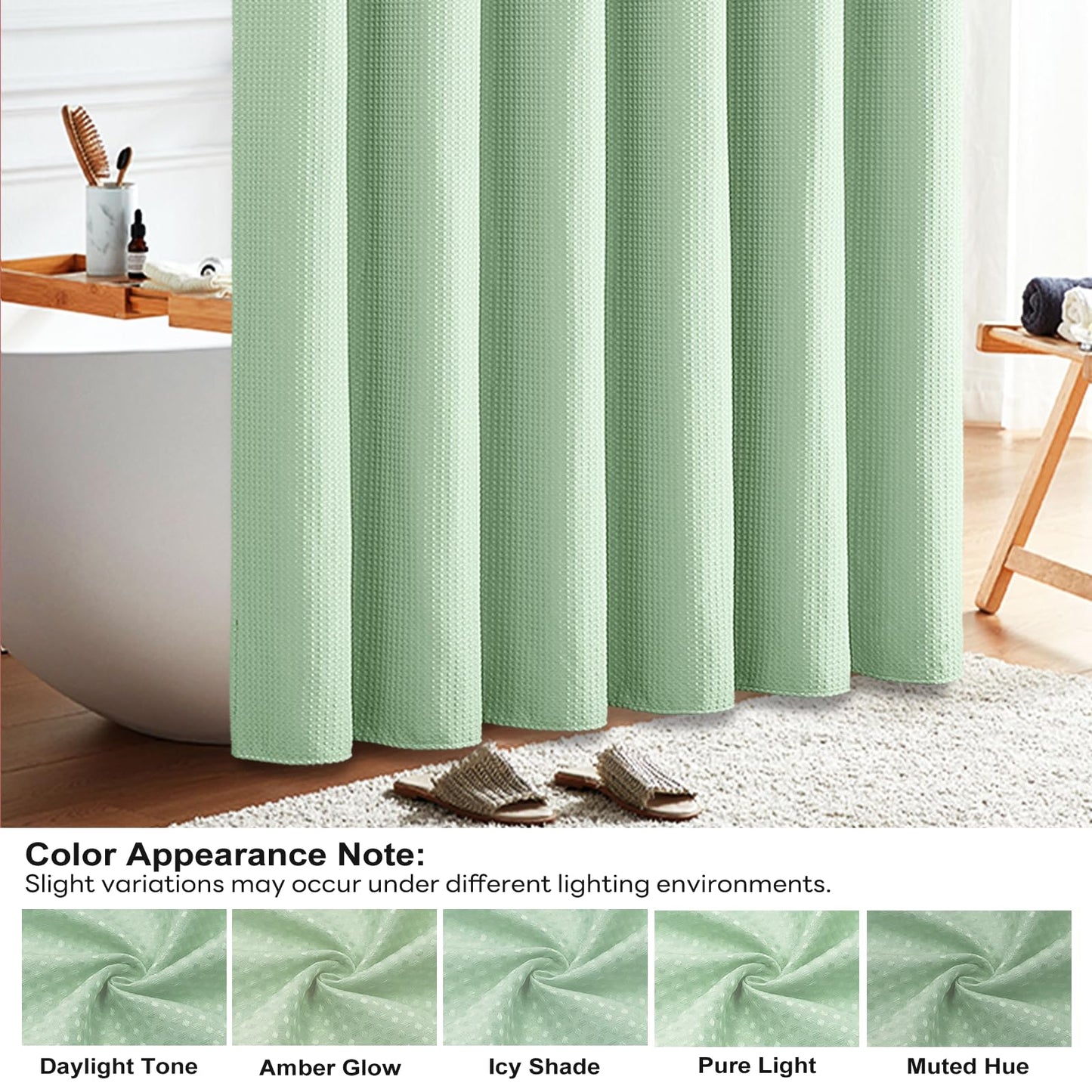 BTTN Long Waffle Shower Curtain, Waterproof, 182x200cm, Mint Green