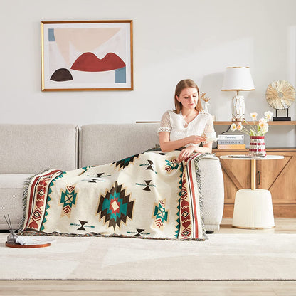 VANJOROY Aztec Navajo Sofa Large Throw Blanket with Tassels,100% Handwoven Cotton Tribal Ethnic Bohemian Throw for Couch,Sofa,Bed,2 3 Seater and