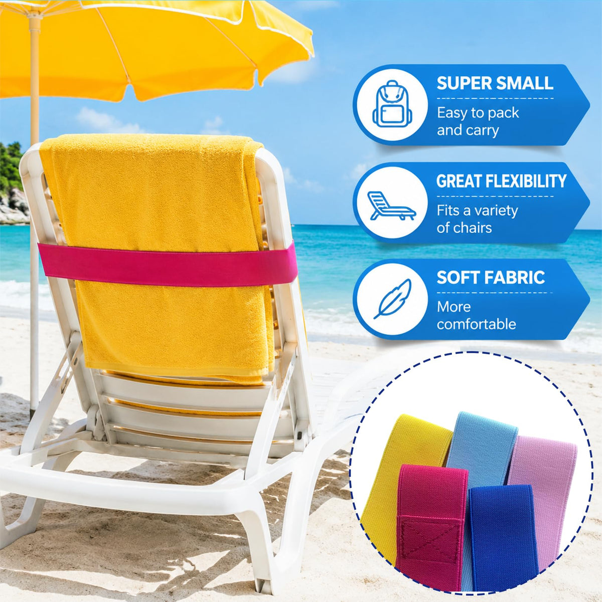 Solihigh 5Pcs Beach Towel Bands for Sun Loungers, 40x4cm Elastic Windproof Sunbed Straps, Non-Slip Chair Towel Holders for Pool