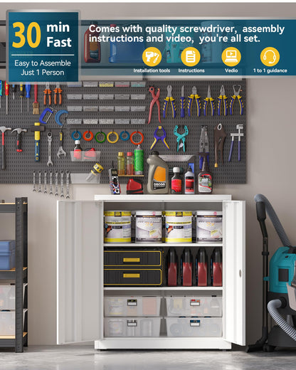 HOMSTEEL Metal Storage Cabinet, Locking Garage Cabinet, 3-Tier Office Cabinet with Adjustable Shelves, Cupboards for Office, Garage and Utility Room