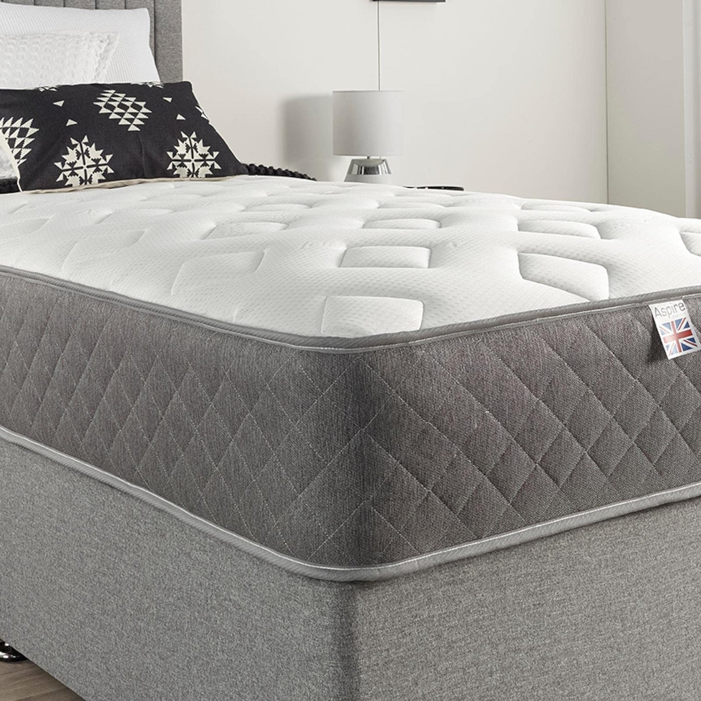 Aspire Beds 3 Comfort Layers Aspire-Cool Touch Diamond Memory Foam & Bonnell Sprung Hybrid Mattress, Grey Hessian Border, 5ft King Size (5ft x 6ft6)