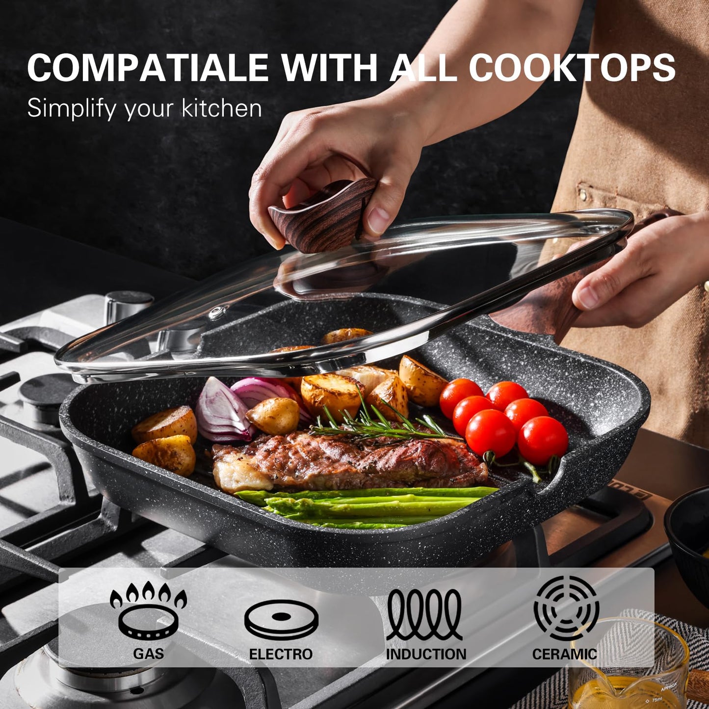 Kordisen Nonstick Grilling Pan with Lid for Stove Tops, 11 Inch Square Grill Pan for Indoor Cooking, Granite Coating Grill Skillet with Pour Spouts,
