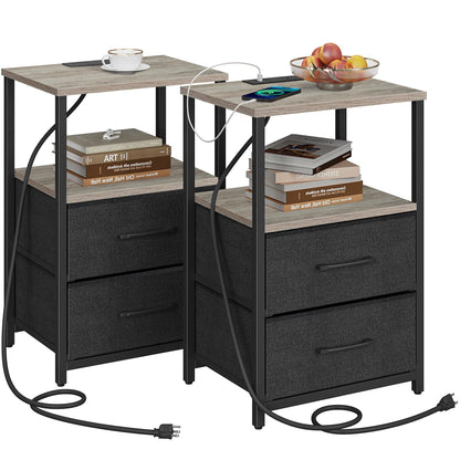TUTOTAK Bedside Table with Charging Station, Side Table with 2 USB Ports and Outlets, Nightstand with Cloth Drawer, Set of 2, End Table