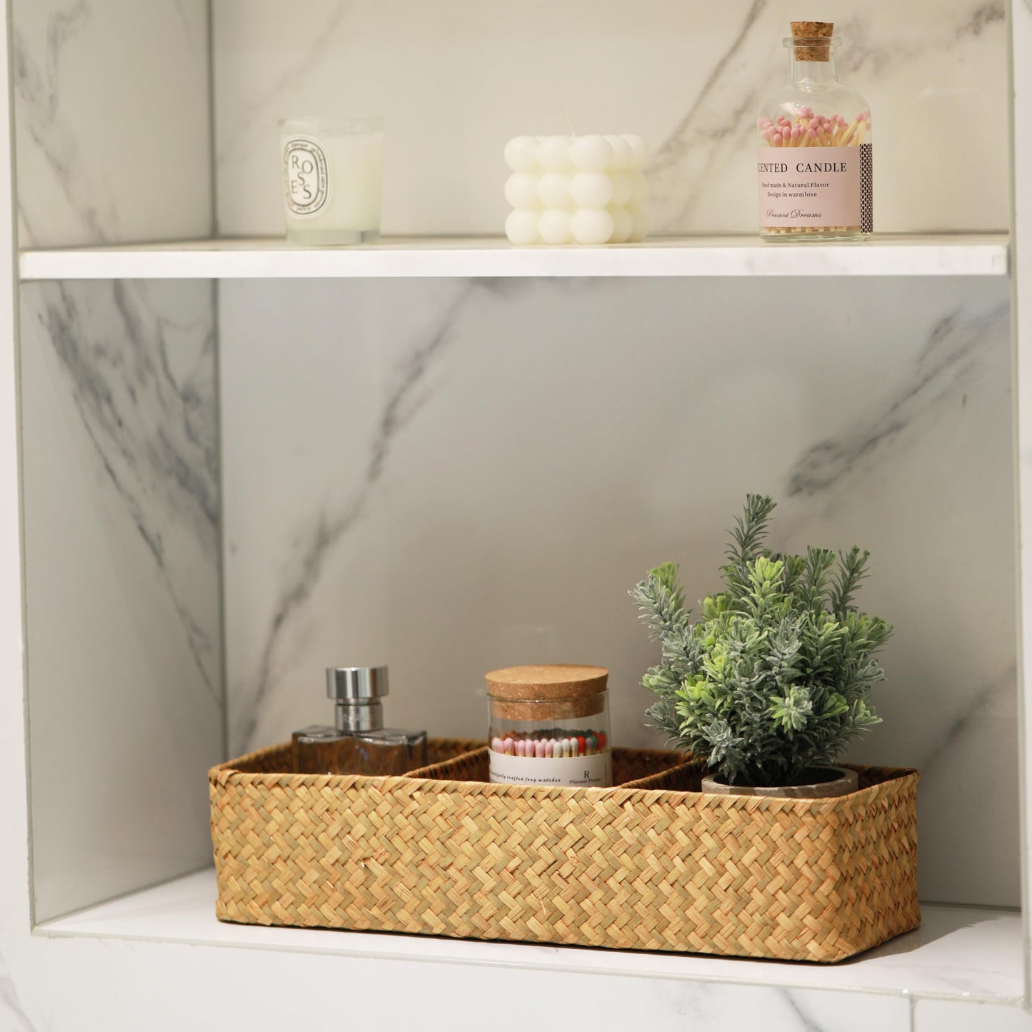 Seagrass Storage Basket with 3 Sections Woven Shelf Baskets for Organizing (Natural, 37cm x 12cm x 8cm)