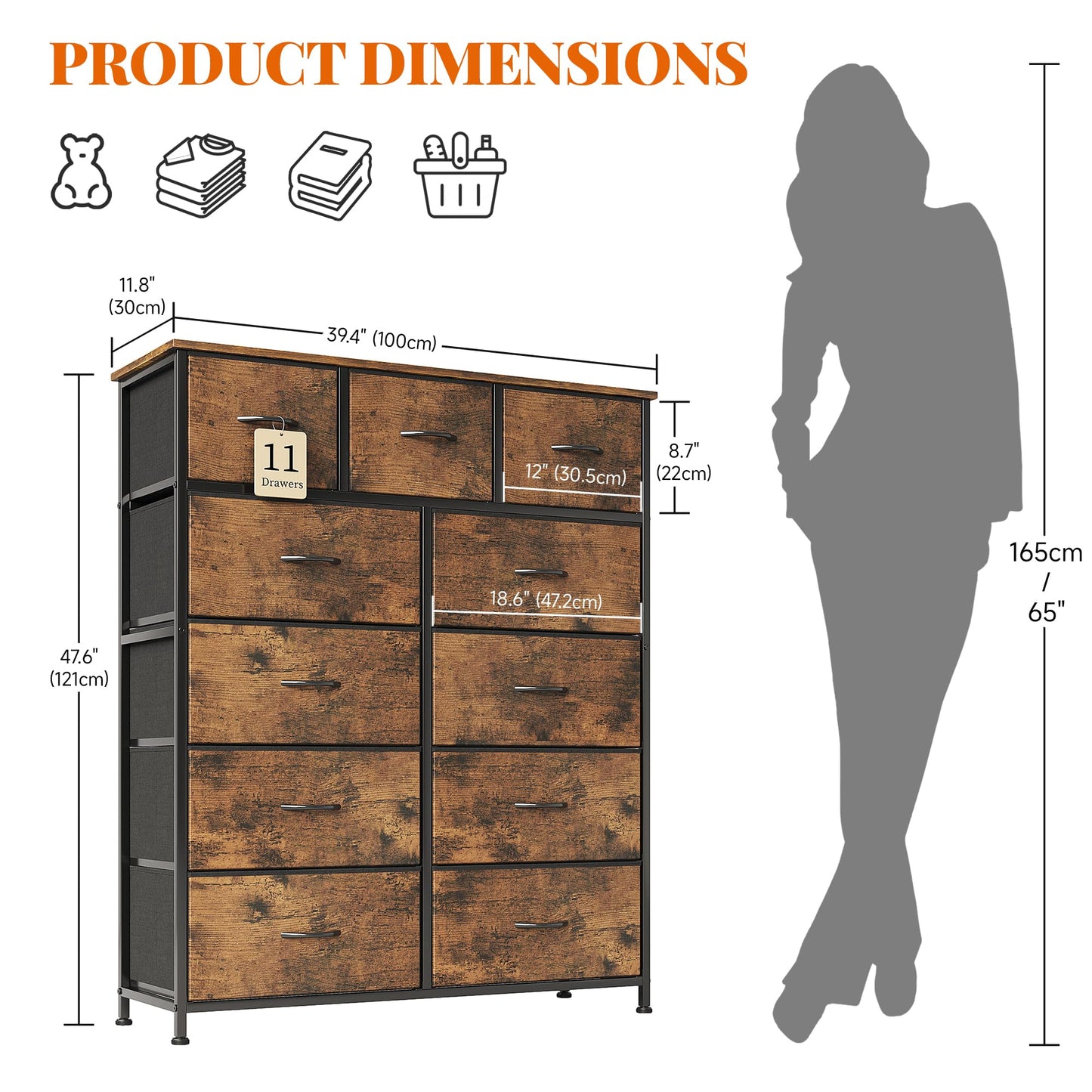 Flrrtenv Chest of Drawer with 11 Drawers, Modern Bedroom Cabinte, Fabric Drawers with Wooden Top, Sturdy Metal Frame