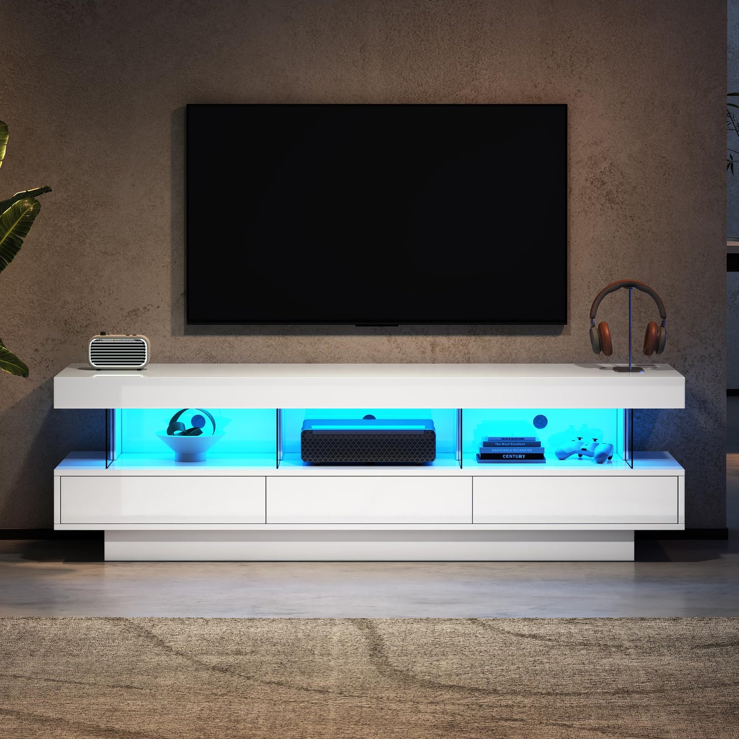 Ball & Cast TV Stand Cabinet, High Gloss TV Unit with LED Lights via Bluetooth, White TV Cabinet with 3 Drawers & 3 Open Storage Space