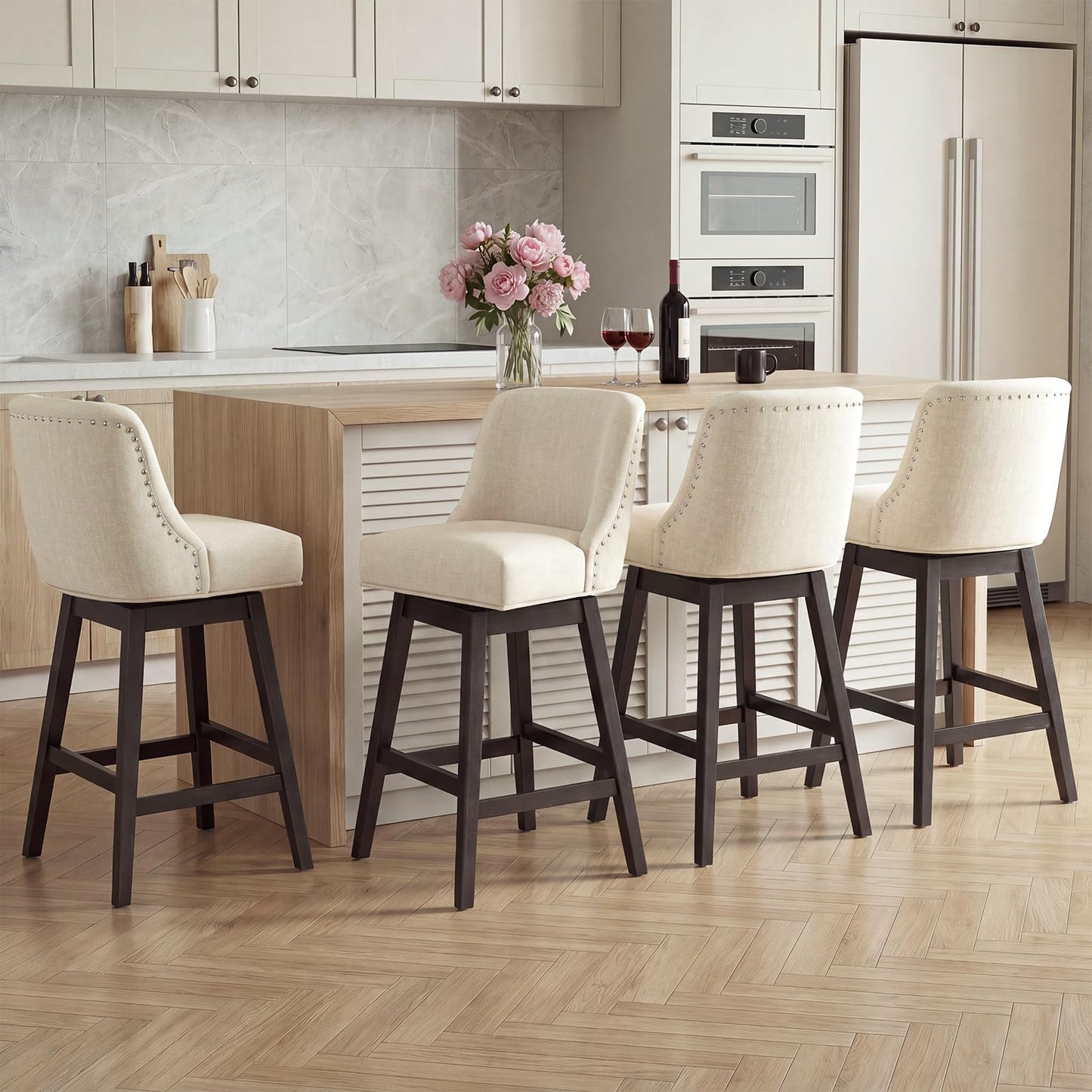 Bar Stools Set of 4, 360° Swivel Upholstered Counter Stools with Back, Wooden Frame Kitchen Bar Chairs with Nailhead Trim