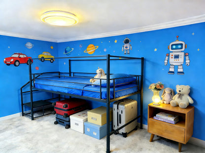 XINBEDEU Single Low Loft Bed with Storage Stairs, Metal Mid Loft Bed Frame with Safety Guardrails, Space-Saving Design for Bedroom