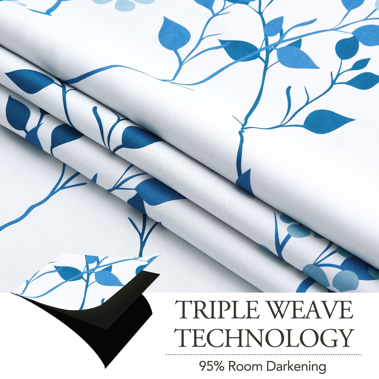 Beauoop Navy Blue Floral Blackout Curtains for Living Room Bedroom 90 Inch Drop Leaf Print Eyelet Curtain Botanical Thermal Insulated Noise Reducing