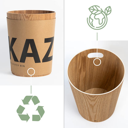 Kazai. Real Wood Waste Paper Bin Brje | Modern Wooden Paper Basket for Office, Kids' Room, Bedroom and more | 9 liters | Ash
