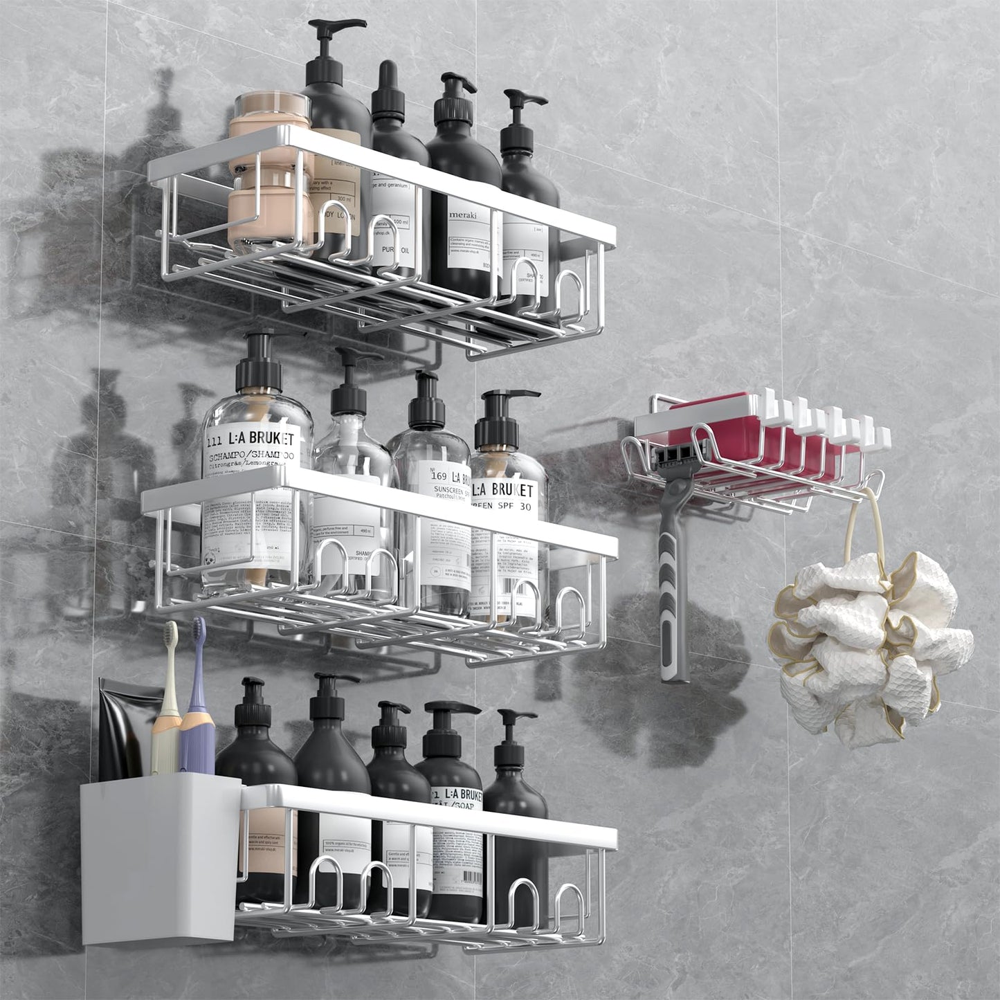 AceMining Shower Caddy, 4 Pack Silver Shower Storage Organiser with Hooks