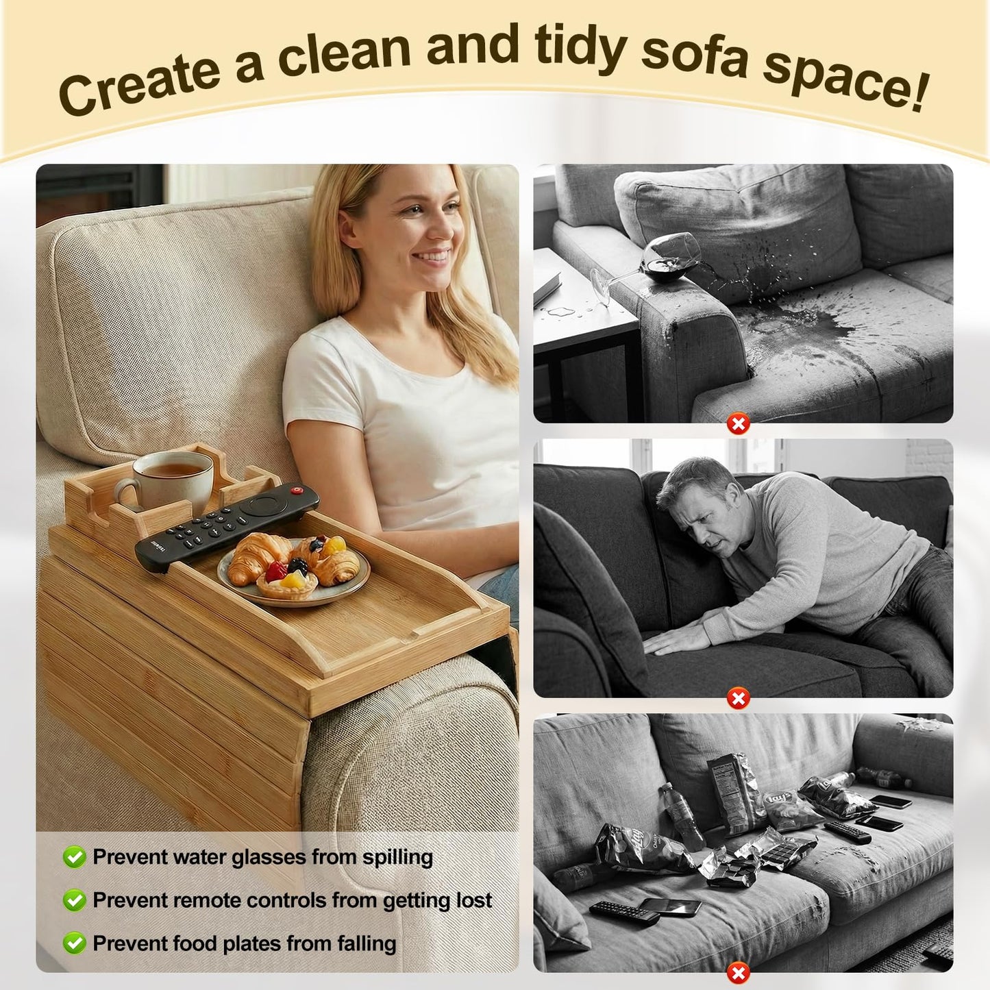 Bamboo Sofa Arm Tray, Foldable Table with Cup Holder and Remote Caddy