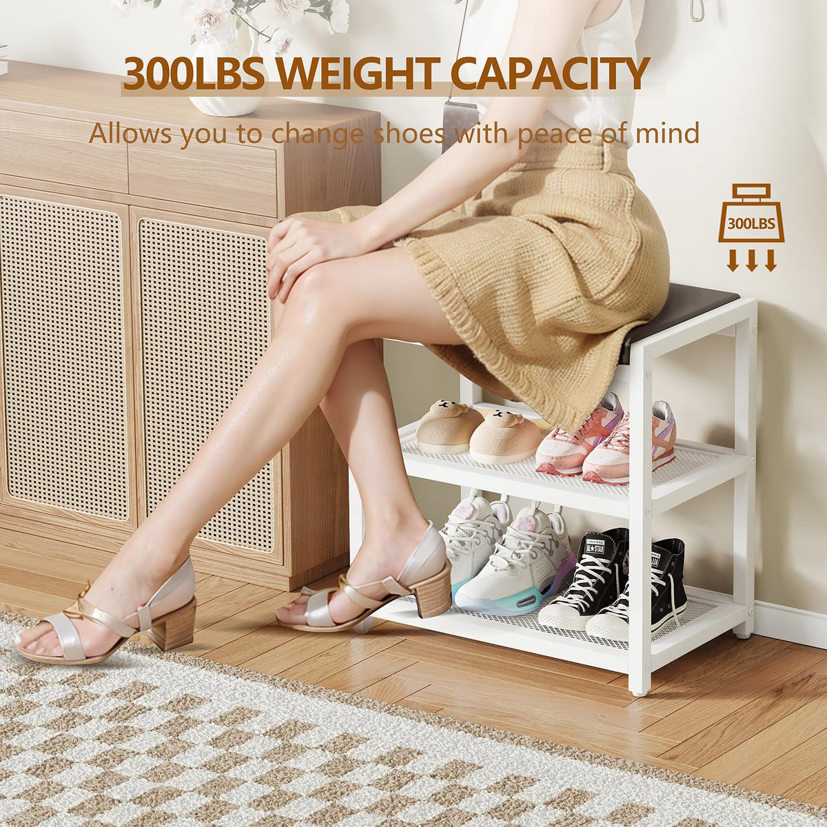 ZHOOGE Shoe Bench Shoe Rack Storage Bench Entryway Bench Shoe Shelf with Seat Cushion, Stable Shoe Organizer for Entryway, Living Room