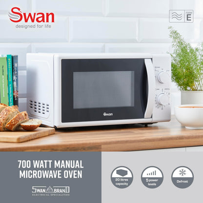 Swan SM4420WHT Manual Microwave with 5 Power Levels, 35 Minute Timer, 700W, 20L, White