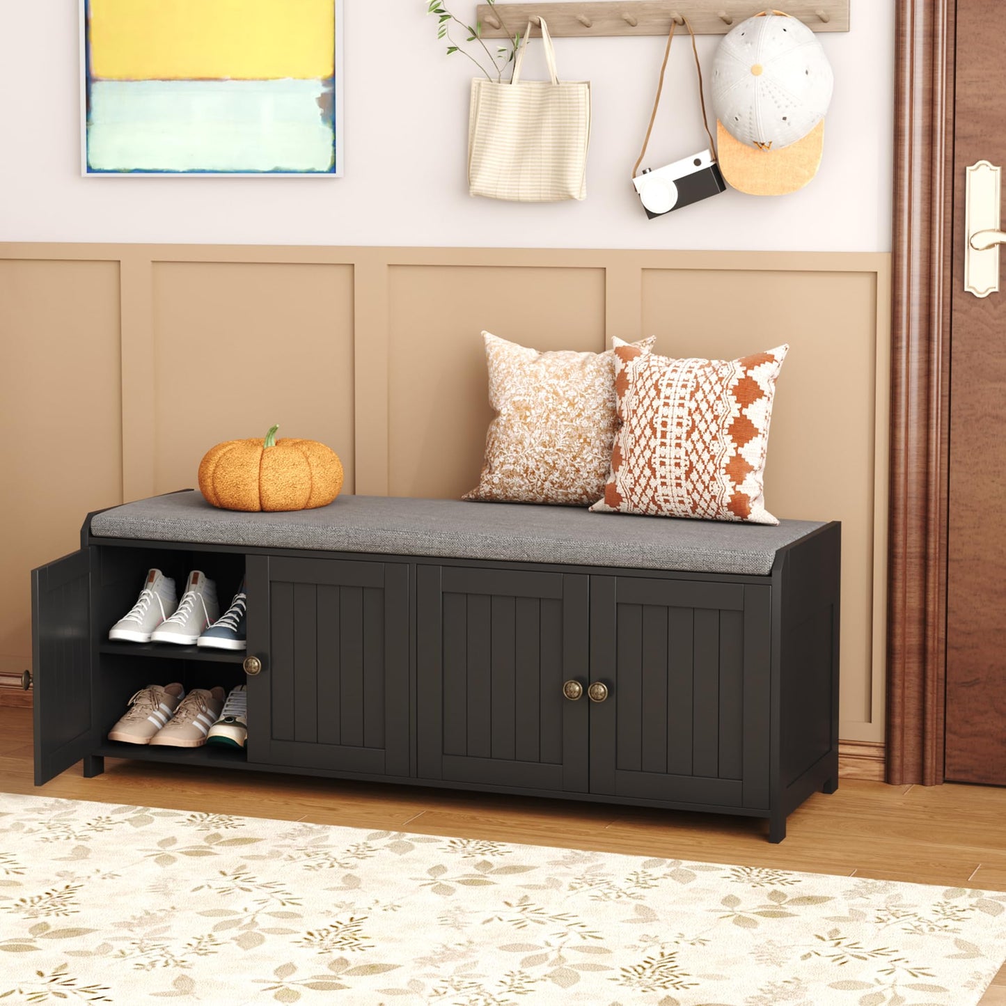 HOME BI Shoe Storage Bench with Cushion, 4 Door Entryway Bench with Padded Seat, 2-Tier Shoe Organizer with Adjustable Shelves